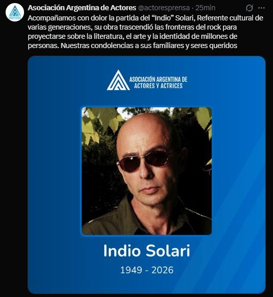 La Asociación Argentina de Actores se despidió del Indio Solari tras su fallecimiento
