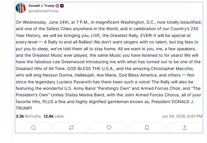 Trump anunció actos por los 250 años de la independencia en EE.UU., pero varios cantantes rechazaron la invitación y lo hicieron enojar.