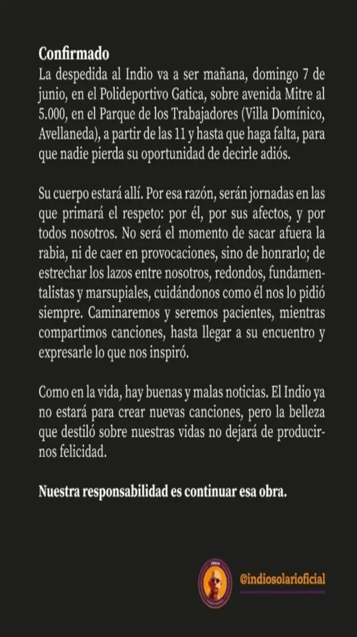Comunicado familia del Indio