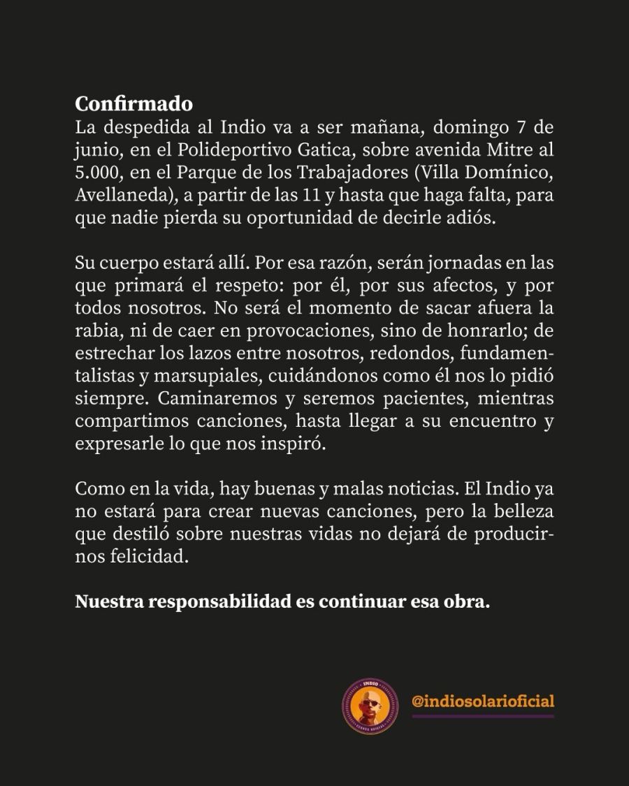 Confirmaron dónde y cuándo será el velatorio del Indio Solari