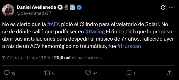 Daniel Avellaneda desmintió que el Indio Solari sea velado en el estadio de Racing