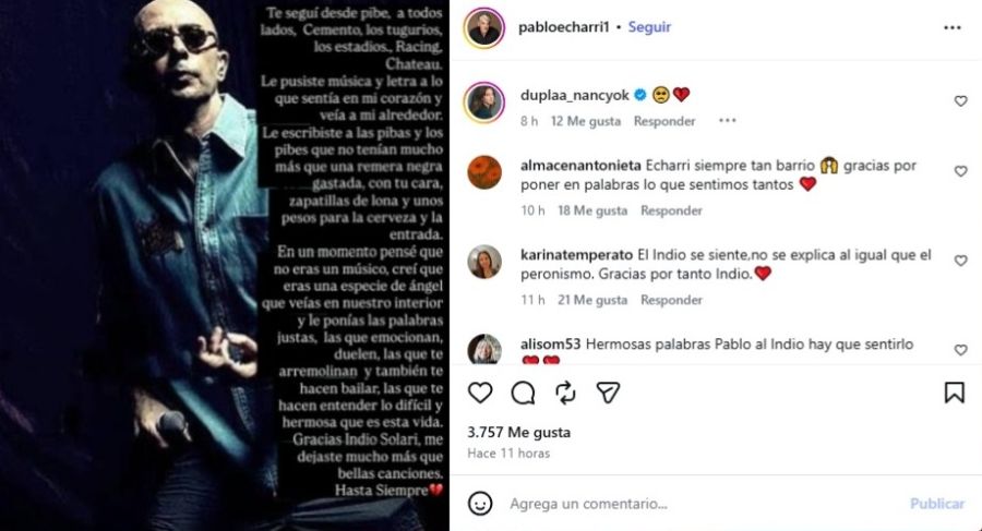 Pablo Echarri despidiendo al Indio Solari