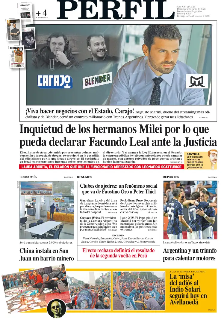 La tapa del Diario PERFIL del domingo 7 de junio de 2026