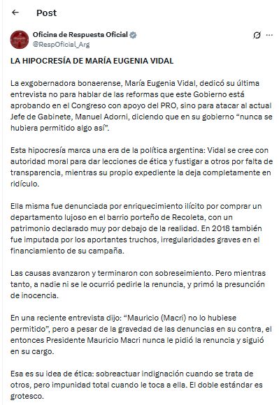 Tuit Oficina de Respuesta Oficial a Vidal