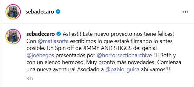 Sebastián de Caro confirma que dirigirá un spin off de Jimmy and Stiggs