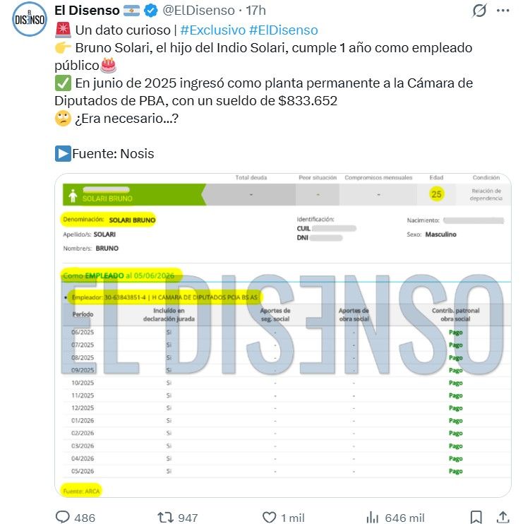 Bruno Solari, hijo del Indio Solari, es empleado de planta permanente de la Cámara de Diputados de la Provincia de Buenos Aires