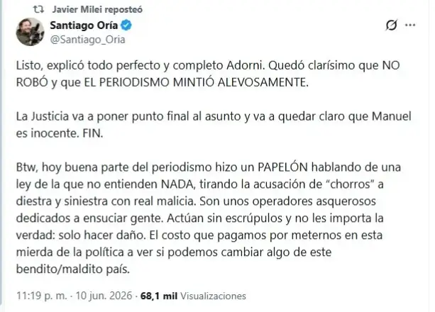 Javier Milei apoyo públicamente a Manuel Adorni
