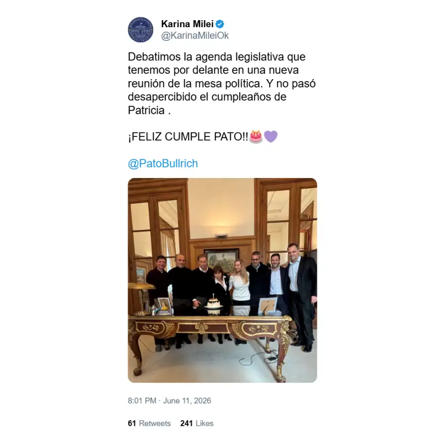 Posteo de Karina Milei por el cumpleaños de Patricia Bullrich
