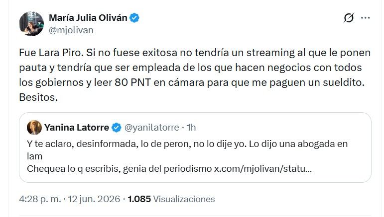 Cruce entre Maria Julia Olivan y yanina Latorre