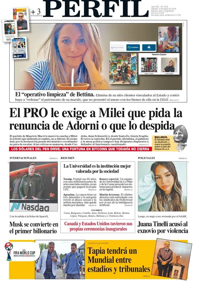 La tapa del Diario PERFIL del sábado 13 de junio de 2026