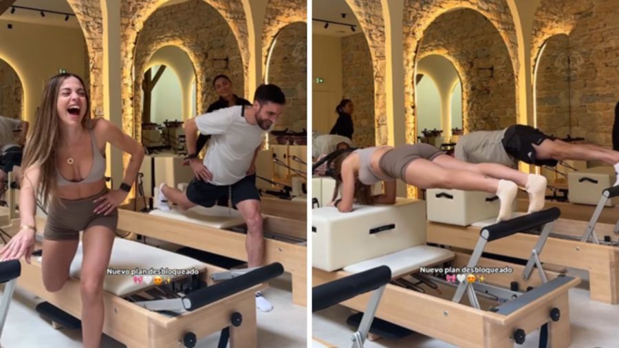 Caro Calvagni y Nicolás Tagliafico haciendo pilates
