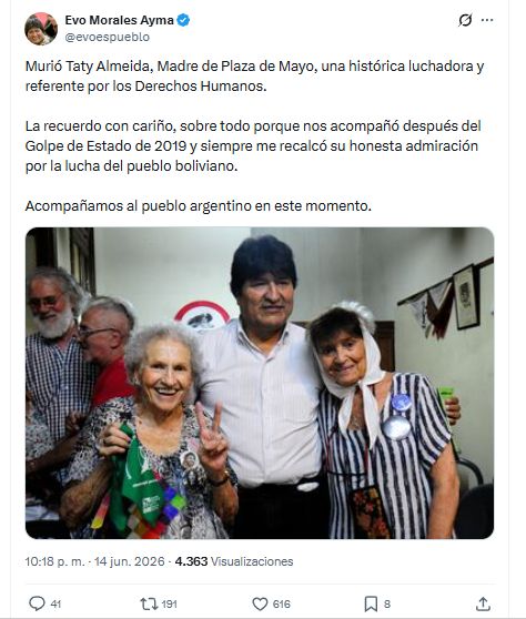 Despedida de Evo Morales a Taty Almeida