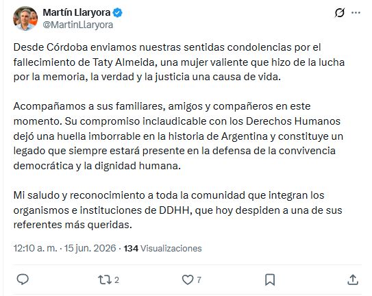 Despedida de Martín Llaryora a Taty Almeida