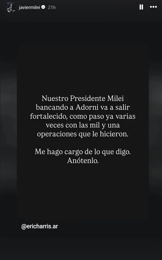 Posteo de Milei a favor de Adorni