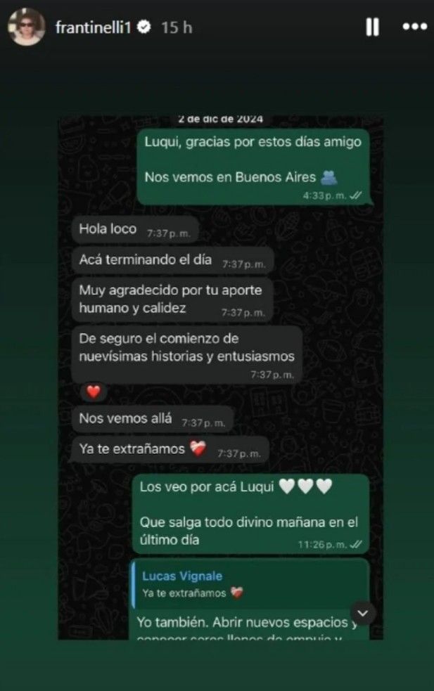 Chat de WhatsApp de Francisco Tinelli y Lucas Vignale