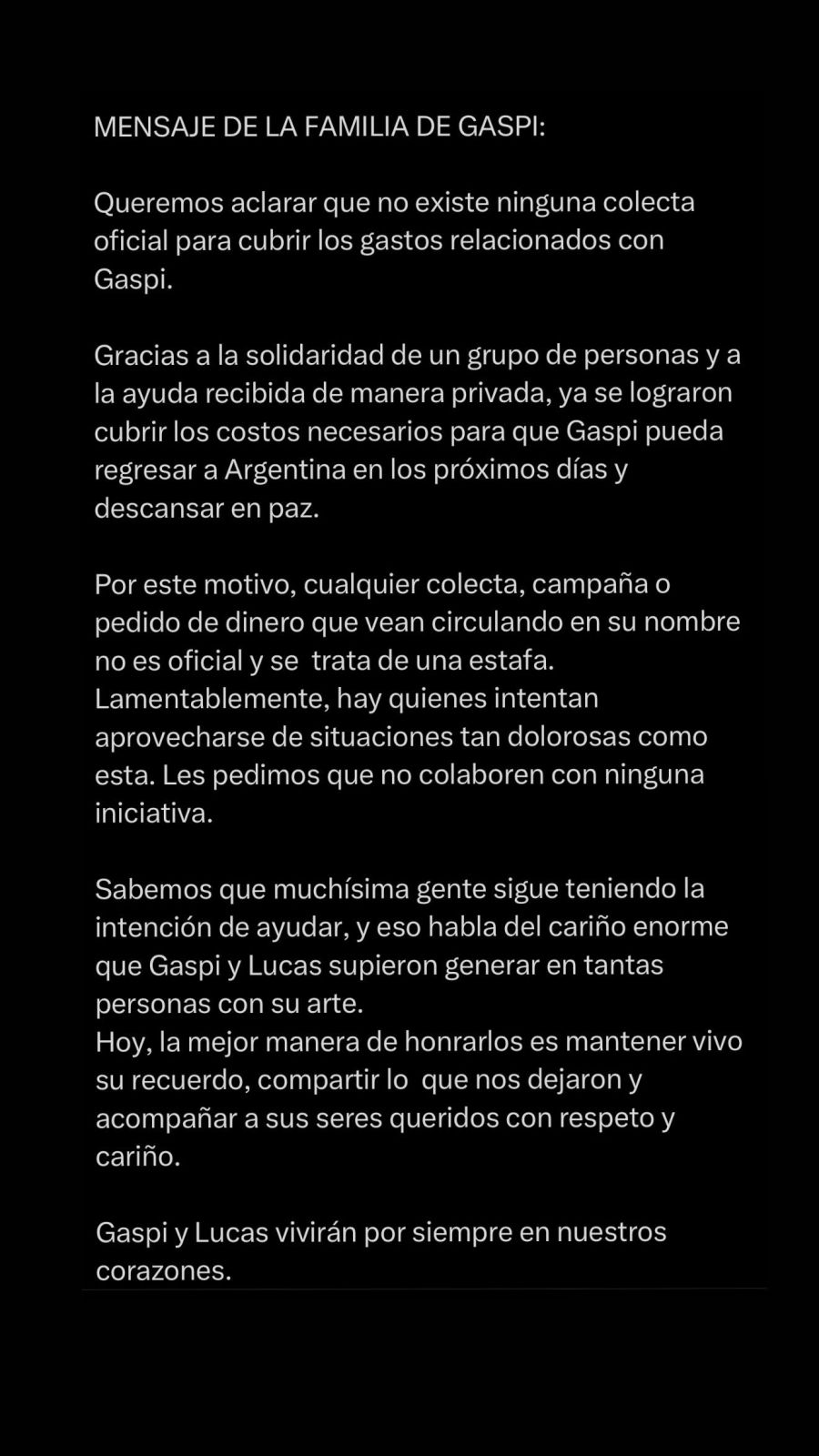 Comunicado familia de Gaspi