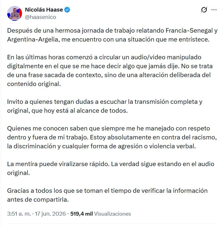 Descargo de Nicolás Haase contra quienes publicaron un audio alterado