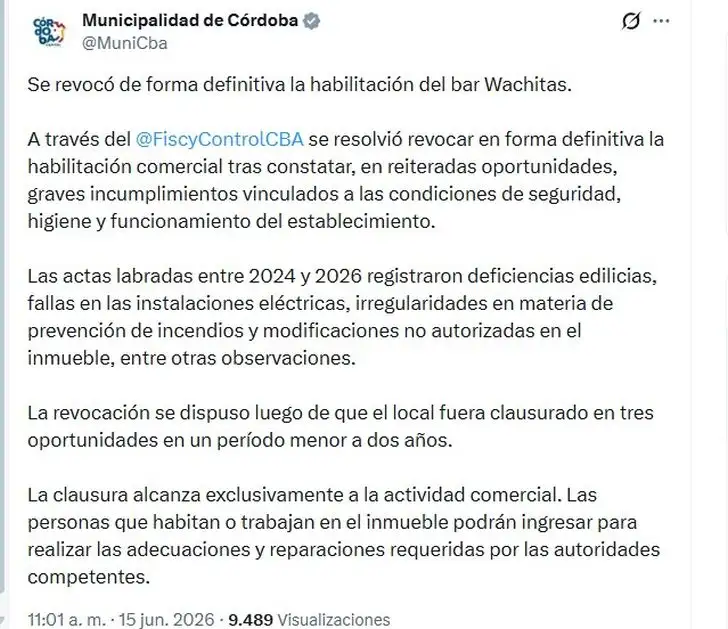 Municipio revoca habilitación de Wachitas