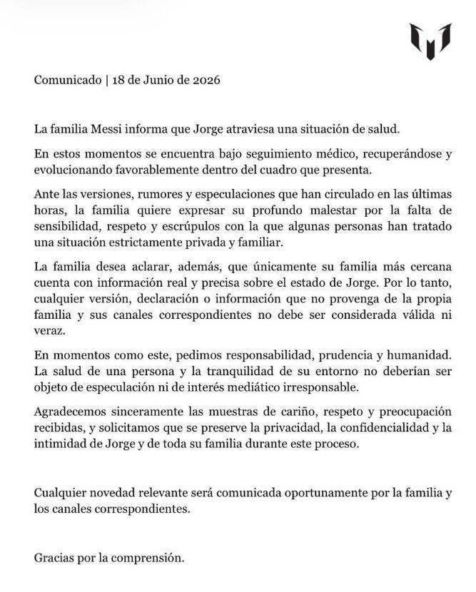 Comunicado de la familia Messi sobre la salud de Jorge Messi