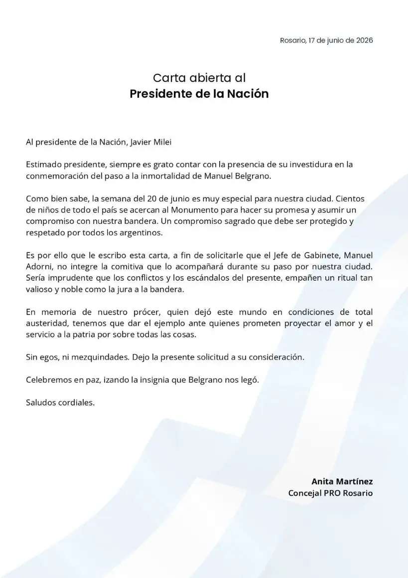 19-06-2026 carta concejala PRO Rosario Adorni Día de la Bandera