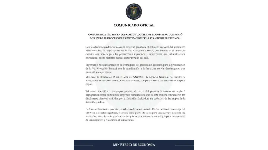 Comunicado Gobierno Hidrovía 18062026