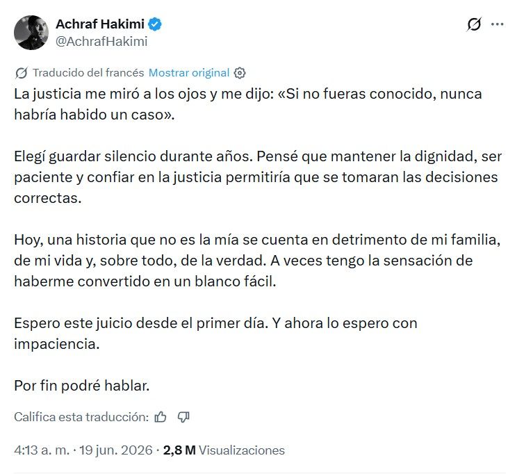 Descargo de Achraf Hakimi tras conocerse que será juzgado por violación