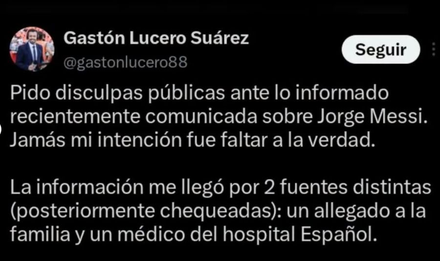 Descargo de Gastón Lucero Suárez después de dar la noticia sobre la fake news de la salud de Jorge Messi