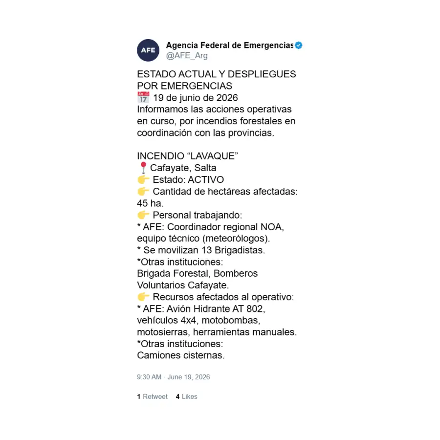Agencia Federal de Emergencias sobre los incendios en Salta 2