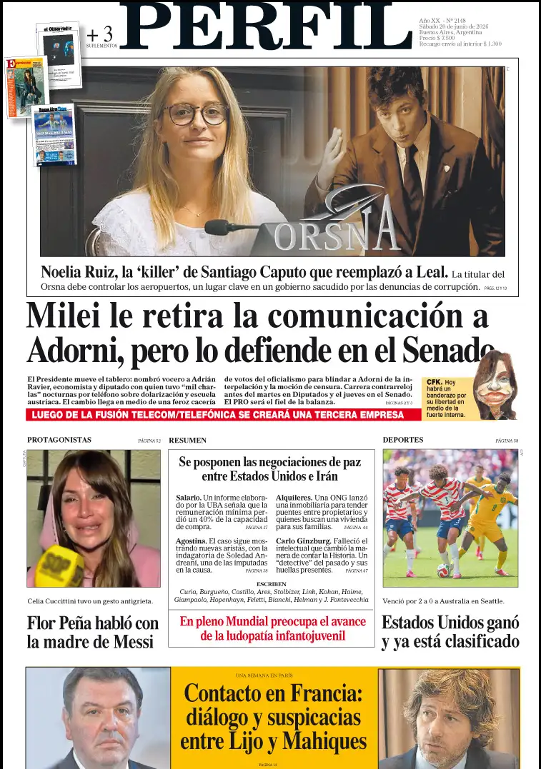 La tapa del Diario PERFIL del sábado 20 de junio de 2026