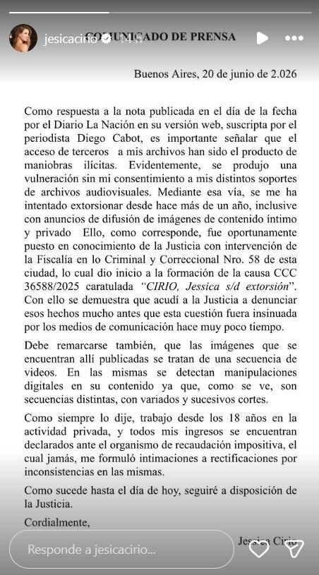 Comunicado de Jésica Cirio tras la difusión de videos con millones de dólares