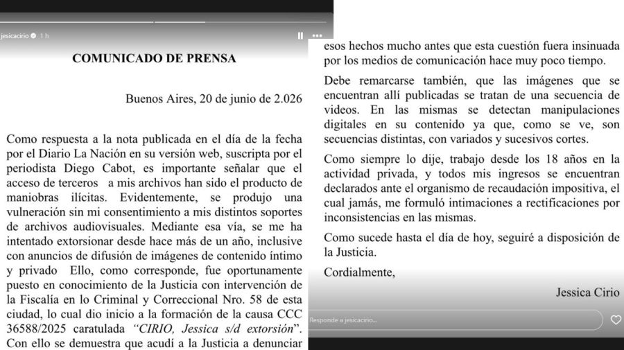 El comunicado de Jesica Cirio sobre los videos que subió LN de dólares presuntamente en casa de Martín Insaurralde.