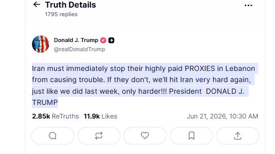 El mensaje de Trump en su red Truth Social, este domingo 21 de junio 2026.