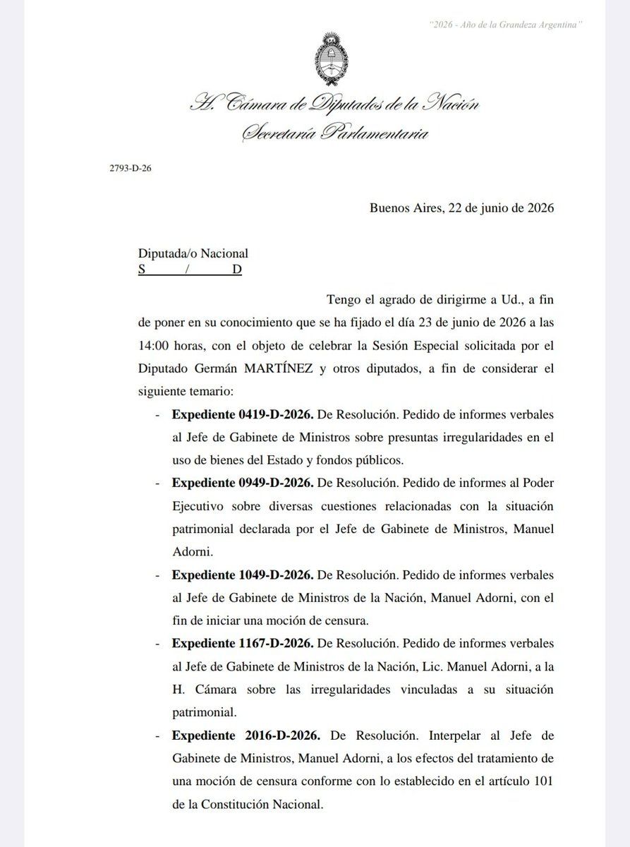 Convocatoria a sesión especial en la Cámara de Diputados