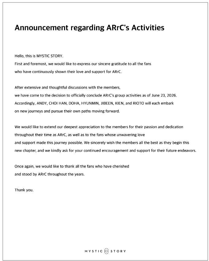 El grupo de K-Pop ARrC anunció su separación
