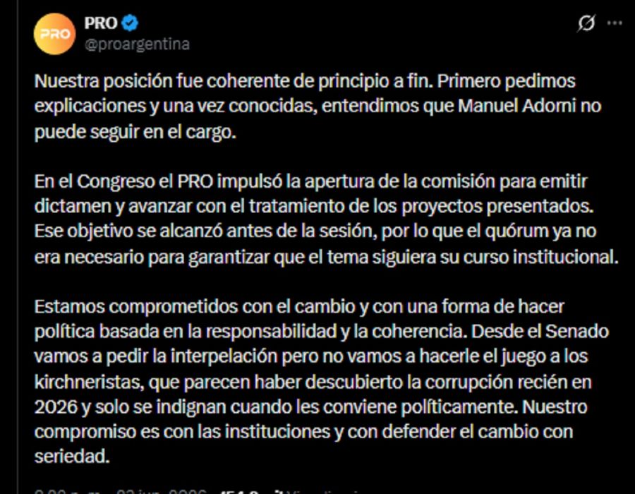 El PRO pide la interpelación de Adorni