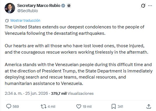 Post de Marco Rubio sobre terremotos en Venezuela