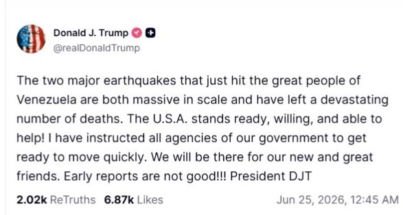 Posteo de Donald Trump sobre los terremotos que golpearon Venezuela