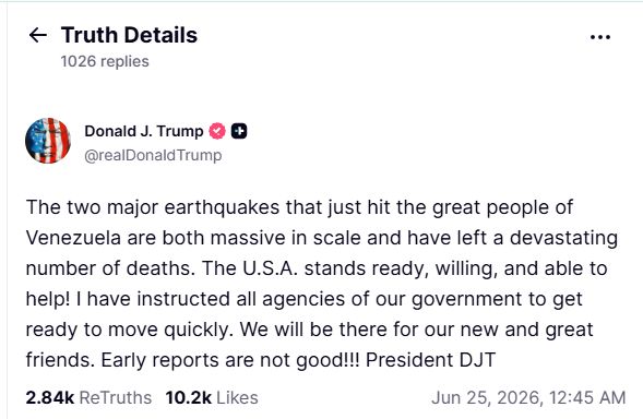 Posteo de Trump sobre terremotos en Venezuela en inglés
