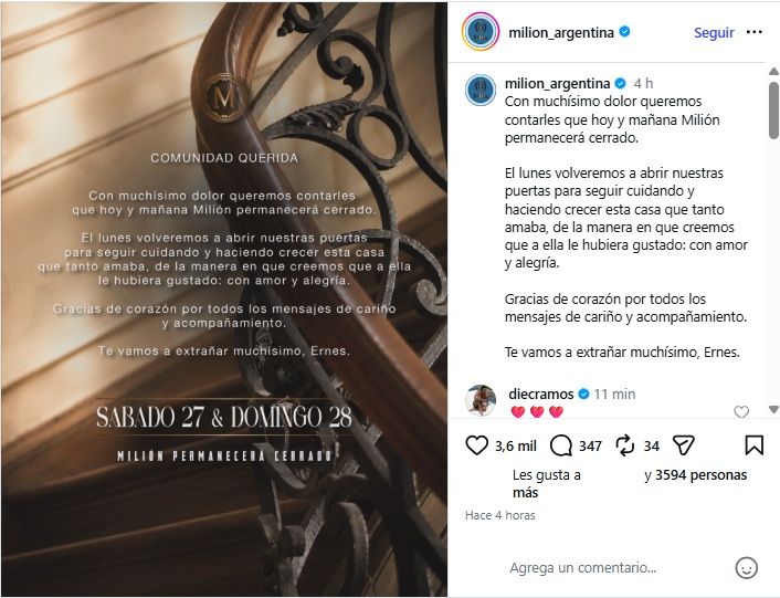 Comunicado de Milión, el restaurante de Ernestina Pais