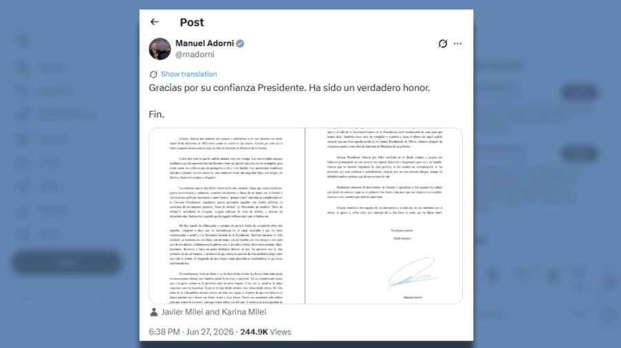 Posteo renuncia Manuel Adorni 27062026