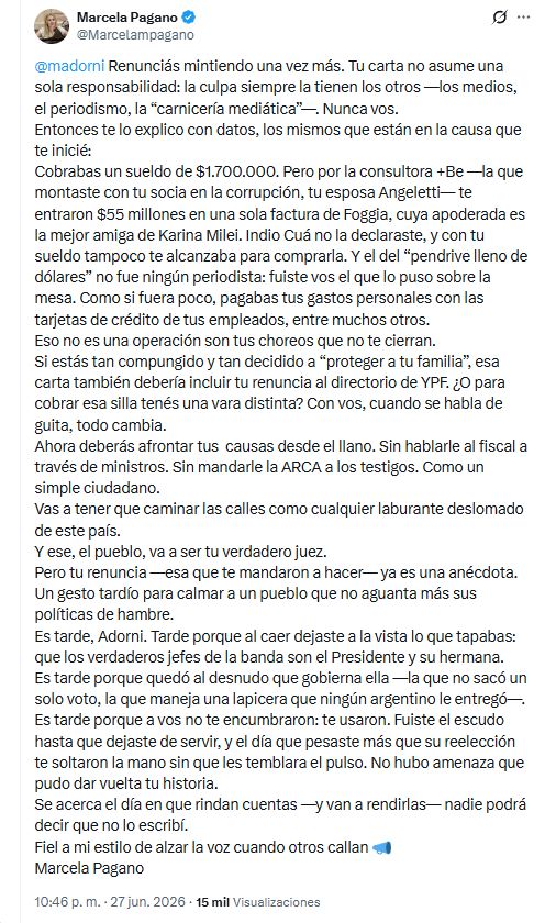 El posteo de Marcela Pagano por la renuncia de Adorni.