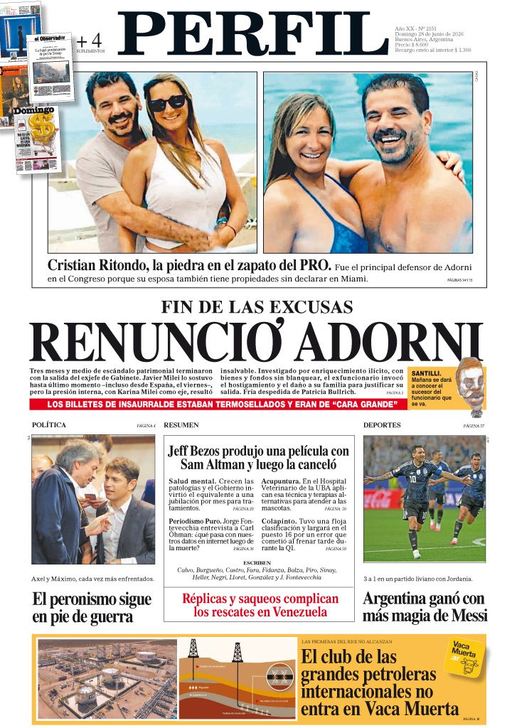 La tapa del Diario PERFIL del domingo 28 de junio de 2026