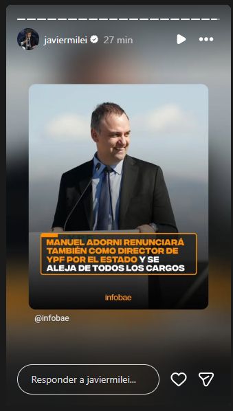 Milei comparte la noticia de la renuncia de Adorni a YPF