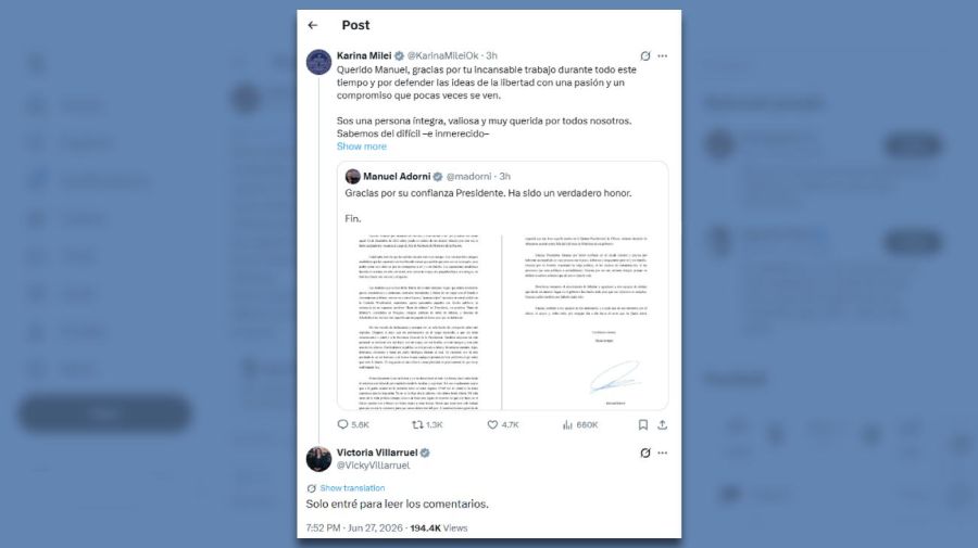 Posteo respuesta de Villarruel a Karina Milei 27062026
