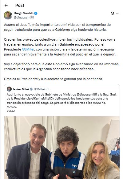 Post de Santilli en X asumiendo como jefe de Gabinete