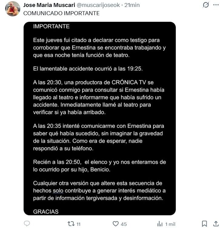 José María Muscari fue citado a declarar tras la muerte de Ernestina Pais