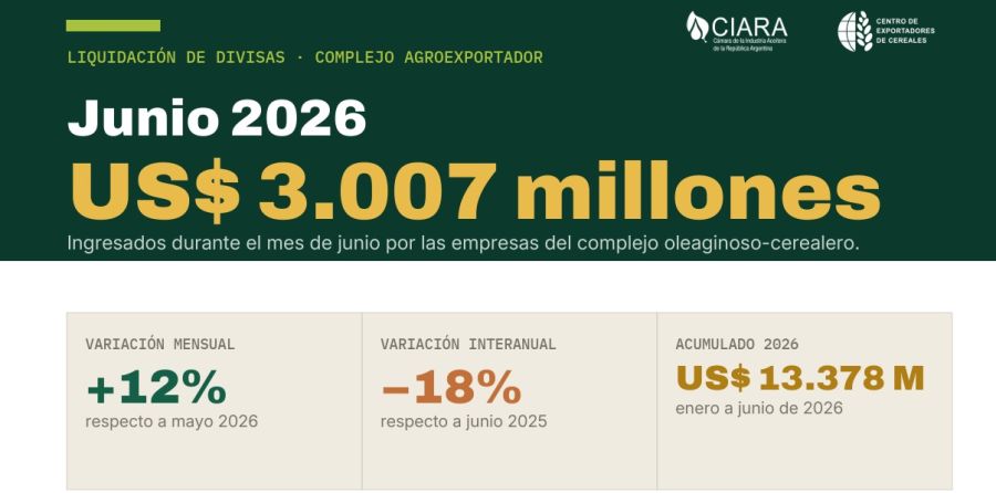 Liquidación de divisas agroexportadoras en junio 2026.
