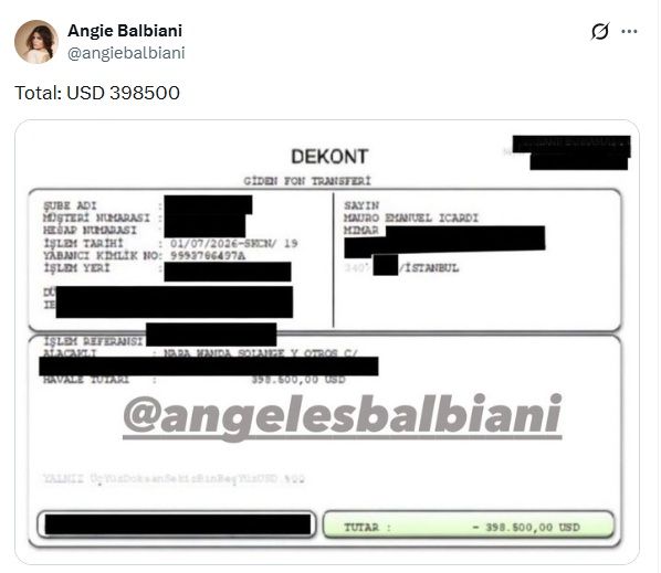 Angie Balbiani compartió el comprobante de pago de Mauro Icardi a Wanda Nara