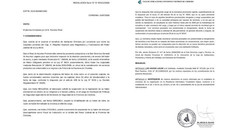Caja de Jubilaciones sobre Raúl Ramírez