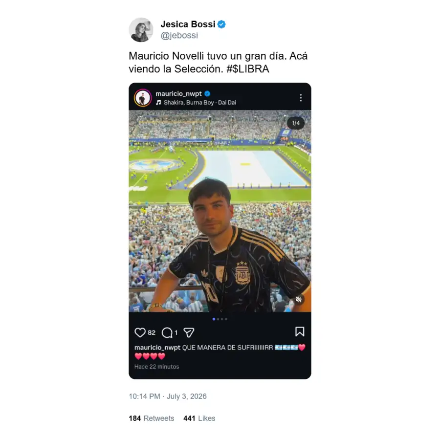 Posteo de Jesica Bossi sobre Mauricio Novelli